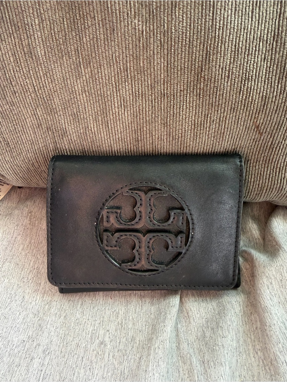 Tory Burch Black Leather Compact Wallet with Signature Logo